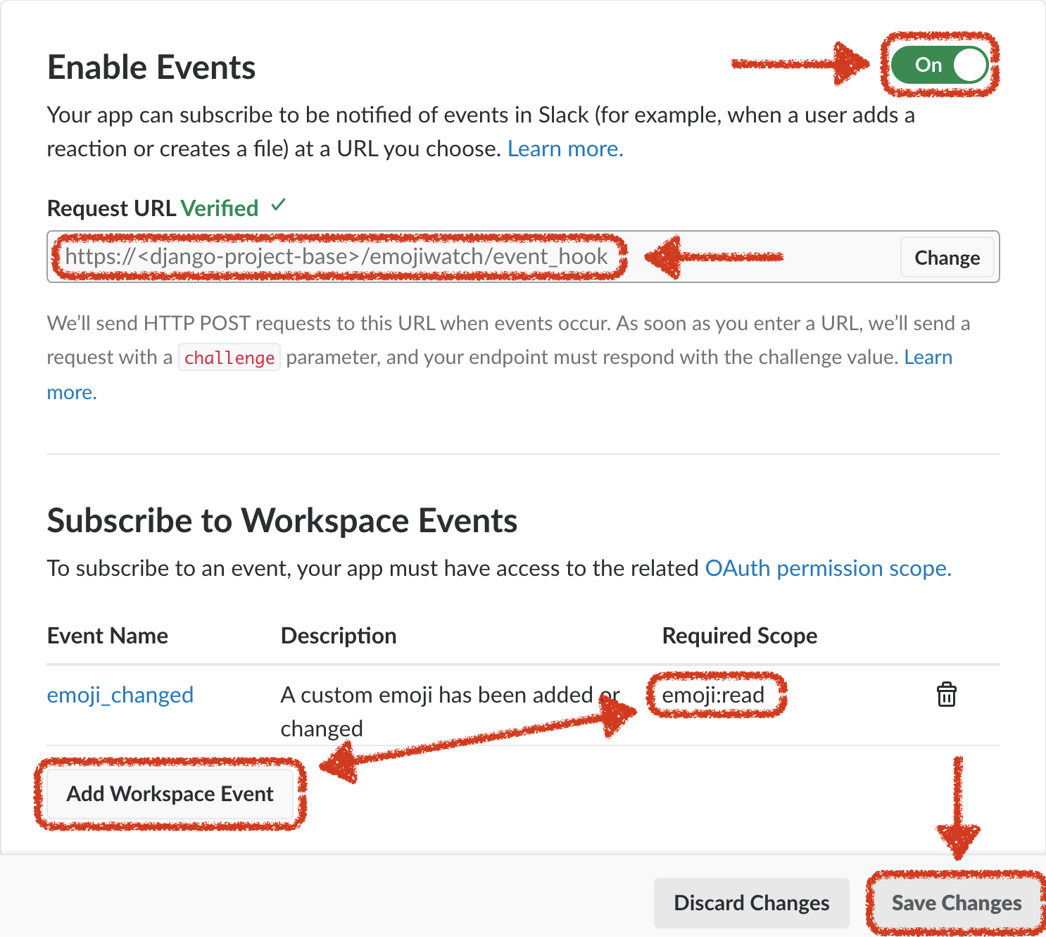 Slack app event subscriptions