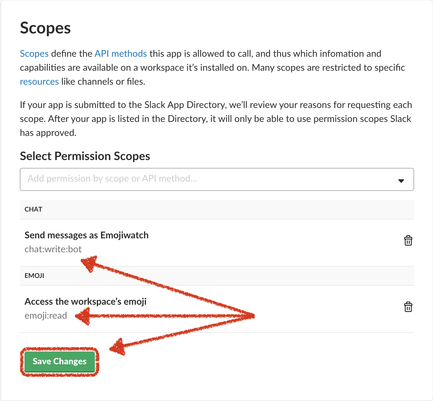 Slack app OAuth scopes